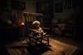 creepy doll sitting on a rocking chair in a dimly lit room with cobwebs hanging from the ceiling