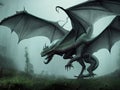 AI generated image of Creepy dragon with multiple wings and scales in a foggy forest