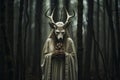 Creepy Encounters: A Woman's Eerie Connection with a Wolf Skull in the Haunted Forest on Halloween. Generative AI