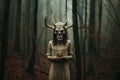 Creepy Encounters: A Woman's Eerie Connection with a Wolf Skull in the Haunted Forest on Halloween. Generative AI