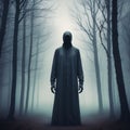 Creepy Faceless Tall Man in a Foggy Forest