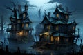 Creepy fantasy old town, with an eerie fog enveloping the area, perfect for a Halloween setting