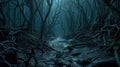 Creepy forest at night, scary crooked trees in dark fairy tale wood, generative AI Royalty Free Stock Photo