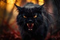 Creepy frightening grin of angry Halloween black cat close up. Royalty Free Stock Photo