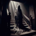 A creepy ghost covered in a ragged cloak standing on a staircase