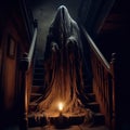 A creepy ghost covered in a ragged cloak standing on a staircase