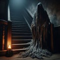 A creepy ghost covered in a ragged cloak standing on a staircase