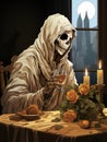 Creepy ghost dementor bride sitting at table with roses by candlelight, AI Royalty Free Stock Photo