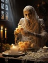 Creepy ghost dementor bride sitting at table with roses by candlelight, AI Royalty Free Stock Photo