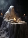 Creepy ghost dementor sitting at the table with a candle in his hand, AI Royalty Free Stock Photo