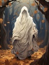 Creepy ghost walking in the autumn forest or park among yellow leaves, AI