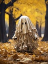 Creepy ghost walking in the autumn forest or park among yellow leaves, AI