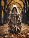 Creepy ghost walking in the autumn forest or park among yellow leaves, AI