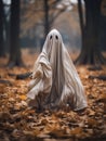 Creepy ghost walking in the autumn forest or park among yellow leaves, AI