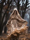 Creepy ghost woman walking in the autumn forest or park among yellow leaves, AI