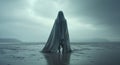 Creepy ghost woman in a wet sheet, a paranormal beach encounter.