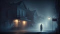 Creepy ghostly figure walking along the street in a desolate haunted village. Ghost town in hazy light. Generative AI Royalty Free Stock Photo