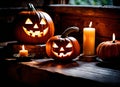 A Creepy Glow. Candlelit Jack-o-Lanterns for a Festive Halloween Night. Generative AI