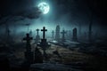 Creepy graveyard under fill moon glowing at midnight. Generative AI