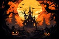 Creepy Halloween Celebration,Eerie Vector Illustration with Ghost, Pumpkin