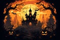 Creepy Halloween Celebration,Eerie Vector Illustration with Ghost, Pumpkin