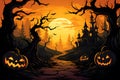 Creepy Halloween Celebration,Eerie Vector Illustration with Ghost, Pumpkin