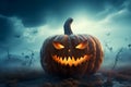 Creepy Halloween grinning pumpkins glow in the dark spooky forest. Generative AI