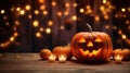 A creepy Halloween jack-o-lantern pumpkin sitting on a wooden table with candles on a dark background with magic bokeh