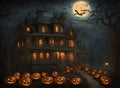 Creepy Halloween night scene with haunted houses, bats, jack o lantern pumpkins under the moonlight Royalty Free Stock Photo