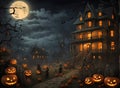 Creepy Halloween night scene with haunted houses, bats, jack o lantern pumpkins under the moonlight Royalty Free Stock Photo
