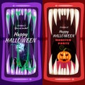 Set Creepy Halloween party banners scary monster character teeth jaw in mouth spittle closeup dark castle pumpkins head