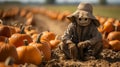 Creepy Halloween scarecrow figure amidst the pumpkins in the field - Generative AI Royalty Free Stock Photo