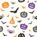 Creepy Halloween wallpaper with pumpkins, bats and spiders. Seamless pattern. Vector Royalty Free Stock Photo