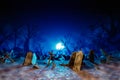 Creepy haunted scene of the Graveyard cemetery in the spooky dark night, 3d rendering illustration background for Halloween