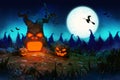 Creepy haunted scene of the Graveyard cemetery in the spooky full moon night with the devil tree and pumpkin monsters, 3d Royalty Free Stock Photo