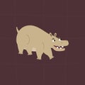 Creepy hippopotamus with funny teeth. Cute animal character on a purple background. African hippo hand drawn vector illustration.