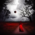 Creepy Horror Scene AI Generated Art Lady In Red Dress Dark Orb In Sky Scary