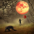 Creepy horror scene AI generated art monster woman running large red moon Royalty Free Stock Photo