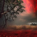 Creepy Horror Scene AI Generated Art Red Clouds Red Ground Scary