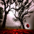 Creepy Horror Scene AI Generated Art Red Rose Standing Misty Fog Scary