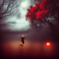 Creepy Horror Scene AI Generated Art Red Tree Woman Running Red Bright Orb Scary