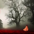 Creepy Horror Scene AI Generated Art Woman In Dress Misty Dark Fog Scary