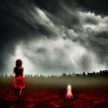 Creepy horror scene AI generated art woman red rose looking at orb in sky scary Royalty Free Stock Photo