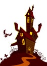 Creepy house on night background with a full moon behind. Vector Halloween background with haunted house and cemetery.