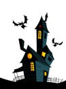 Creepy house on night background with a full moon behind. Vector Halloween background with haunted house and cemetery. Royalty Free Stock Photo