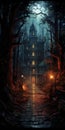 Gothic Grandeur: Dark Wooden House In Creepy Forest - Illustration In Grimshaw\'s Style