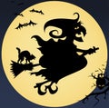 Creepy illustration with witch, cat, owl, moon and