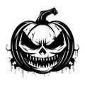 Creepy Jack O Lantern pumpkin black silhouette. Halloween retro vector illustration in grunge style. Black outline art. Royalty Free Stock Photo