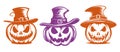 Creepy Jack O Lantern pumpkins set in gothic hat silhouette. Halloween retro vector illustration in grunge style.