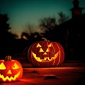 Creepy jack o lanterns sitting on a sidewalk at night